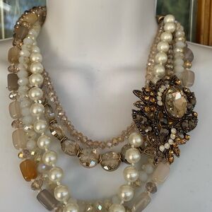 Elegant Multi-Strand Imitation Pearl and Crystal Necklace with pierced earrings